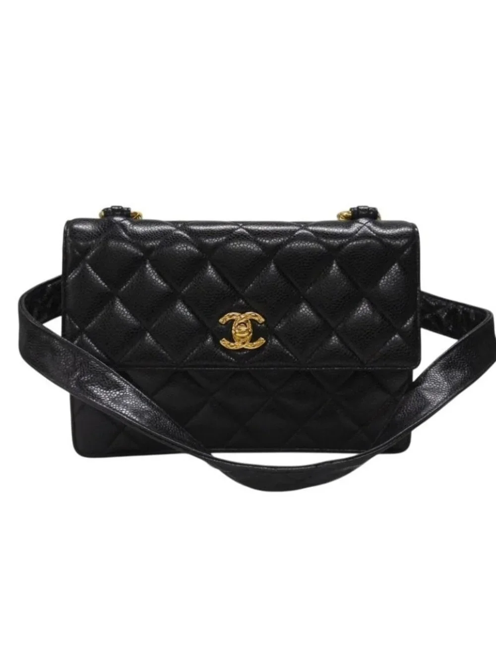 Chanel Bag Caviar Leather CC Logo Black Vintage Gold